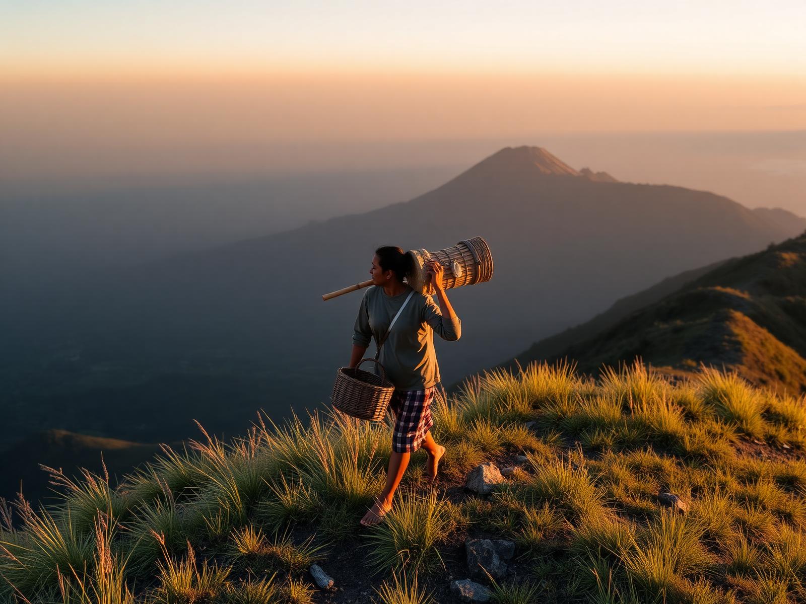 A porter walking the Mount Rinjani ridge at golden hour